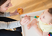 Mother feeding baby in high chair, Jersey City, New Jersey, USA