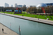 General view on the Canal de l'Ourcq, Parc de la Villette and Cité des Sciences et de l'Industrie, Paris 19th district, France