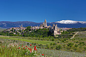Spain, Castilla Leon Community, Segovia City Skyline, Alcazar Castle, Cathedral and Guadarrama Mountain Range, (W.H.)