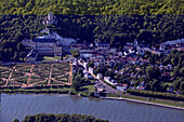 France, Val-d'Oise (95) La Roche-Guyon town famous for its castle, town labeled the most beautiful villages of France, (aerial view)