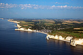 France, Seine-Maritime (76), Etretat, limestone cliffs have made it a place of international tourism (aerial view)