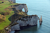 France, Seine-Maritime (76), Etretat, limestone cliffs have made it a place of international tourism (aerial view)