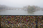 France, Paris, 75, 1st ARRT, padlocks of love on the Pont des Arts, fog.