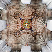 'Low angle view of the ceiling inside Canterbury Cathedral; Canterbury, Kent, England'