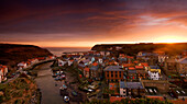 Wide Angle Cityscape At Sunset, Staithes, Yorkshire, England