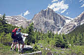 'Yoho National Park, British Columbia, Canada; A Couple Hiking Through The Mountains And Looking At A Map'