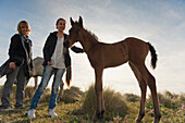 'A Girl Pets A Foal While Standing With Her Mother; Tarifa, Cadiz, Andalusia, Spain'