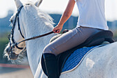 'A Woman Riding A White Horse; Benalamadena Costa, Malaga, Costa Del Sol, Andalusia, Spain'