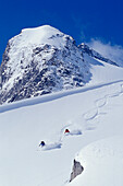 Two Young Men Skiing Untracked Powder In Figure 8's, Bugaboo Glacier Provincial Park, British Columbia, Canada