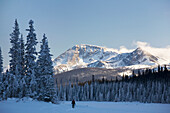 'Female Snowshoeing On Snow Covered Lake With Snow Covered Evergreens In The Shade Mountains And Clouds Rolling On Peaks In Sunlight And Blue Sky; Lake Louise, Alberta, Canada'