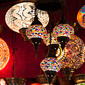 'Colourful illuminated light fixtures hanging on display;Istanbul turkey'