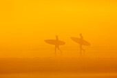 'Surfers in the fog on long beach pacific rim national park;Vancouver island british columbia canada'