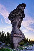 'Monolith at sunset, Anse des Bonnes Femmes at Ile Niapiskau, Mingan Archipelago National Park Reserve of Canada, Cote-Nord, Duplessis region; Quebec, Canada'