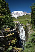 'Paradise Valley, waterfall & Mount Rainier, Mt. Rainier National Park; Washington, United States of America'