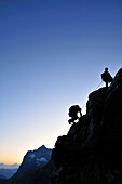 Zwei Bergsteiger während Sonnenaufgang am Ostegg, Eiger (3970 m), Berner Alpen, Schweiz