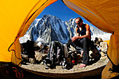 View out of a tent near Glacier Argentiere on Courtes and Droites (4000 m), Mont Blanc, France