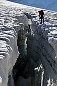 Mountaineers looking into crevasses, Vallee Blanche, Mont Blanc Group, France