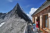 Bergsteiger auf dem Balkon der Mitteleggihütte, Eiger (3970 m) im Hintergrund, Berner Alpen, Schweiz