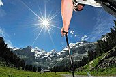 Walker on the way to Oeschinen See, Bernese Alps, Switzerland