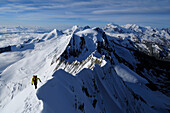 Climber at the Southeastridge of Täschhorn (4491 m), Monte Rosa in the background, Wallis, Switzerland