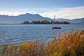 View over Chiemsee to Fraueninsel, near Gstadt, Chiemsee, Chiemgau region, Bavaria, Germany