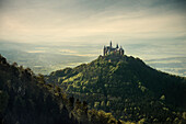 View from Zeller mountain towards Hohenzollern castle, Hechingen Bissingen, Swabian Alp, Baden-Wuerttemberg, Germany