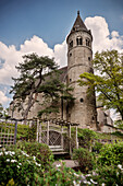 View of Lorch monastry and church tower from the monastry garden, Swabian Alp, Baden-Wuerttemberg, Germany