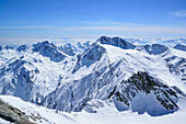 View over snow-covered Hochweisse and Hochwilde, Hinterer Seelenkogel, Obergurgl, Oetztal Alps, Tyrol, Austria