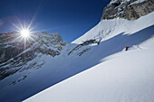 Man downhill skiing from Zugspitze, Upper Bavaria, Germany