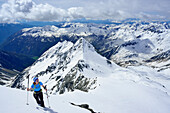 Frau auf Skitour steigt zur Fünften Hornspitze auf, Gelenknock im Hintergrund, Zillertaler Alpen, Ahrntal, Südtirol, Italien