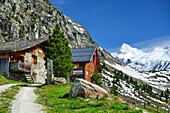 Hut Postalm with Grosser Geiger in background, Venediger Group, Hohe Tauern National Park, Salzburg, Austria