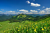 View over Rauhalm to mountain scenery, Seekarkreuz, Bavarian Prealps, Upper Bavaria, Bavaria, Germany