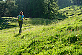 Frau wandert über Blumenwiese, Karröster Alm, Tschirgant, Mieminger Gebirge, Tirol, Österreich