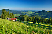 Hut Bucheralm with Leitzach valley in background, Breitenstein, Mangfall Mountains, Bavarian Prealps, Upper Bavaria, Bavaria, Germany