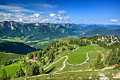 Hut Hubertushuette with Hochmiesing and Spitzing area in background, Breitenstein, Mangfall Mountains, Bavarian Prealps, Upper Bavaria, Bavaria, Germany