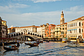 Gondolas on Grand Canal with Rialto bridge, Venice, Veneto, Italy, Europe