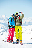Skiers doing a selfie, Gressoney, Aosta Valley, Italy