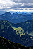 Blick vom Rotwand auf Untere Haushamer Alm, Mangfallgebirge, Bayern, Deutschland