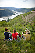 Hikers enjoying view over Rhine Gorge, Sankt Goarshausen, Rhineland-Palatinate, Germany