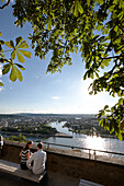 Blick von der Festung Ehrenbreitstein auf das Deutsche Eck, Koblenz, Rheinland-Pfalz, Deutschland