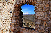 Panoramic view from the window of the Castle of Rocca Calascio, Abruzzo -Italy, In the background you can see the Gar Sasso Mountain