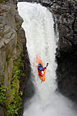 A man kayaks down a waterfall on the Alseseca River  in the Veracruz region of Mexico.