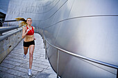 Tricia Hoffman on an evening run next to the Walt Disney concert hall.