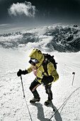 Three people on Elbrus Mountain during Elbrus Race, the highest race in Europe.