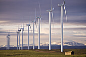 Wind turbines and the High Uinta Mountains at a wind farm in Southern Wyoming.