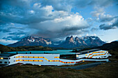 TORRES DEL PAINE NATIONAL PARK, PATAGONIA, CHILE. A hotel with an impressive view of mountains, lakes and glaciers in a wild and remote national park. The hotel is Explora.