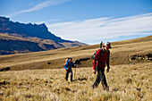 PUERTO NATALES, PATAGONIA, CHILE. Two hikers walk through an open field with a mountain range in the distance.
