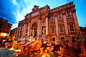 The Trevi Fountain at dusk.