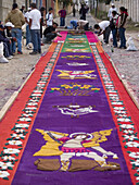 Antigua, Guatemala.: 4/2/06.  As part of the observance of Lent in  Guatemala, people prepare the natural, aromatic carpets alfombras,  of flowers,  pines, clover and fruits, which the residents put together and  place in front of their homesin Antigua, G