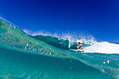 split level view of surfing  at Ehukai Beach on the north shore of Oahu, Hawaii No release